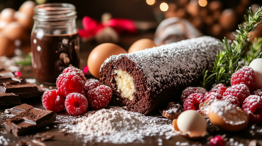 ingredients of Christmas Yule Log Cake (Bûche de Noël)